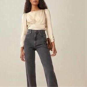 Reformation 100% Silk Jason Long-Sleeve Top Size 4 Cream Elegant Tie Detail Chic